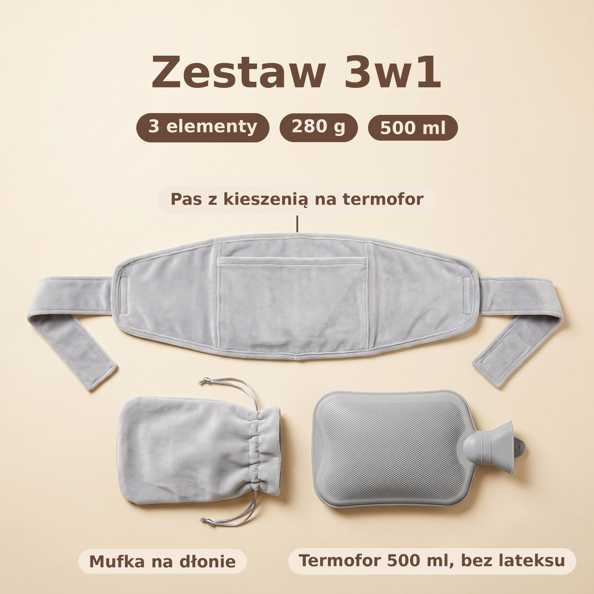Zestaw 3w1 Otulaj Uścisk: pas z kieszenią, mufka na dłonie, termofor 500 ml, 280 g